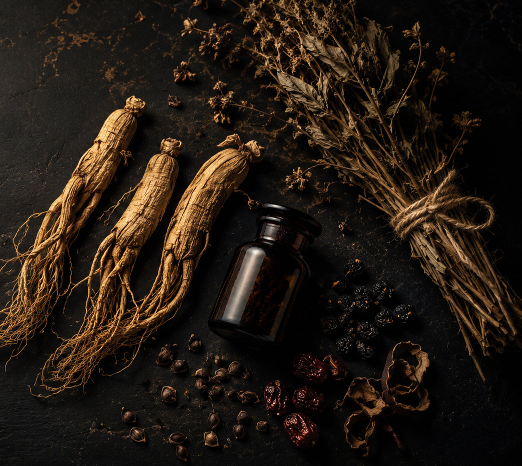 Ginseng roots, dried herbs and an amber apothecary bottle on a dark surface